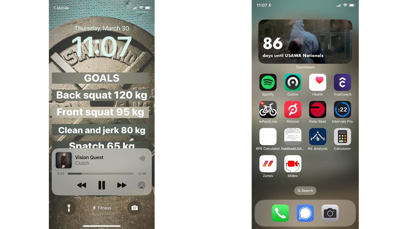 Fitness Mode lock screen with goals on it, and the matching home screen.