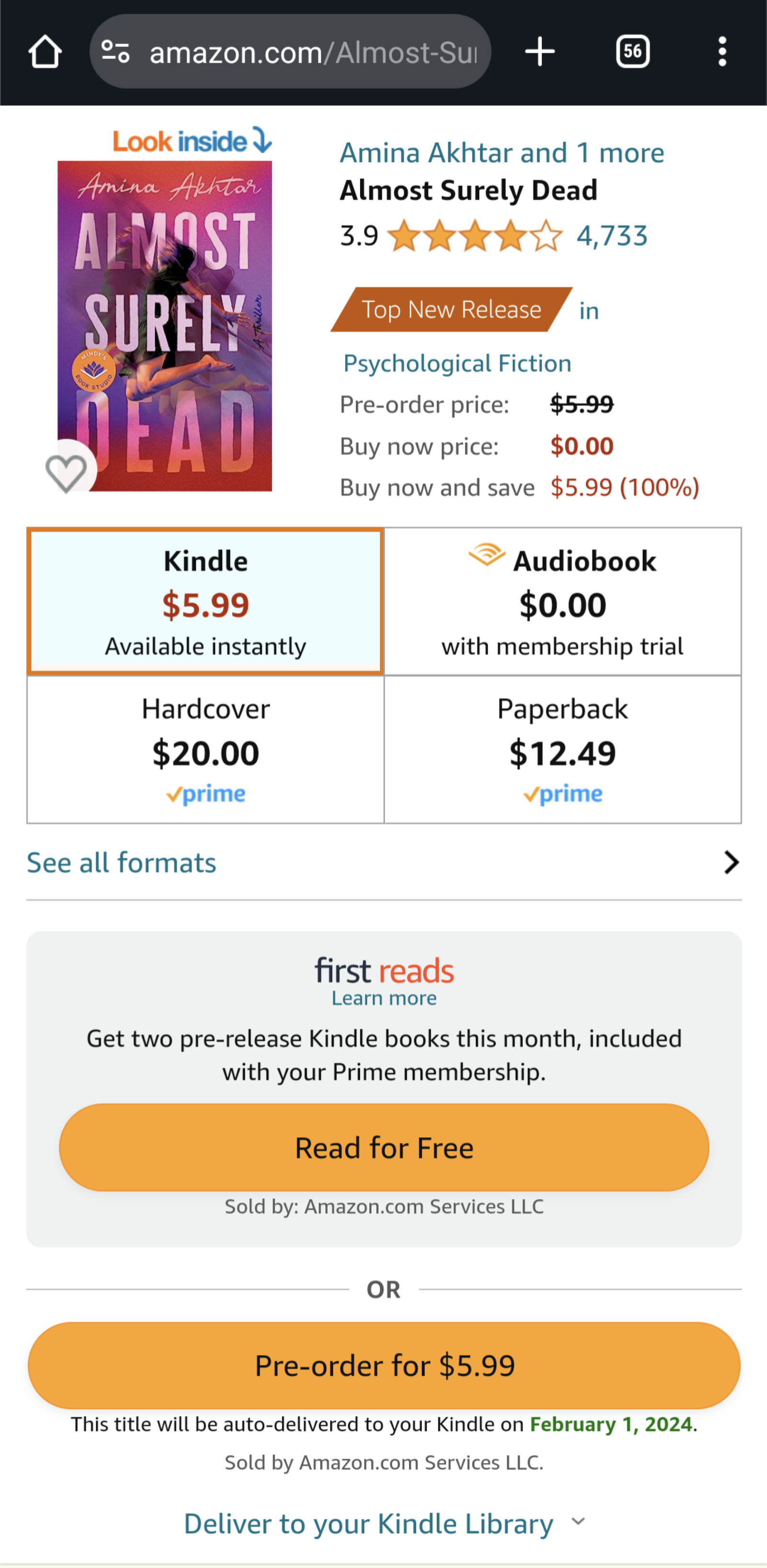 Screenshot of Amazon page on phone from the web browser showing the "read for free" button.