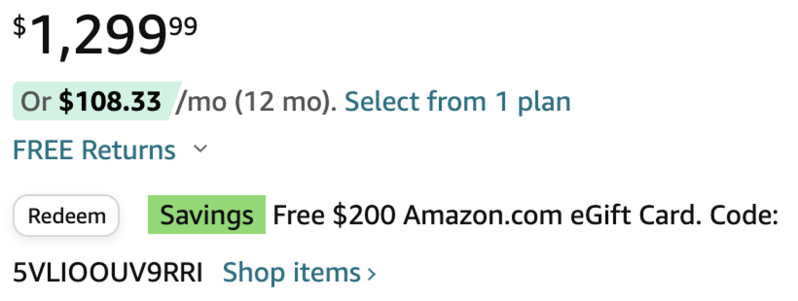 Click the redeem button below the price to get the Amazon gift card.